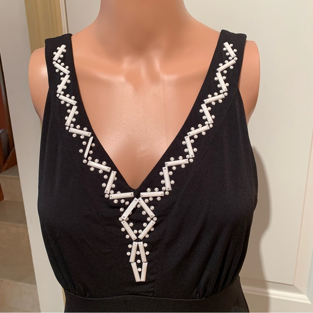 Style and Co, black maxi dress with White and Grey‎ solid print on the bo…
